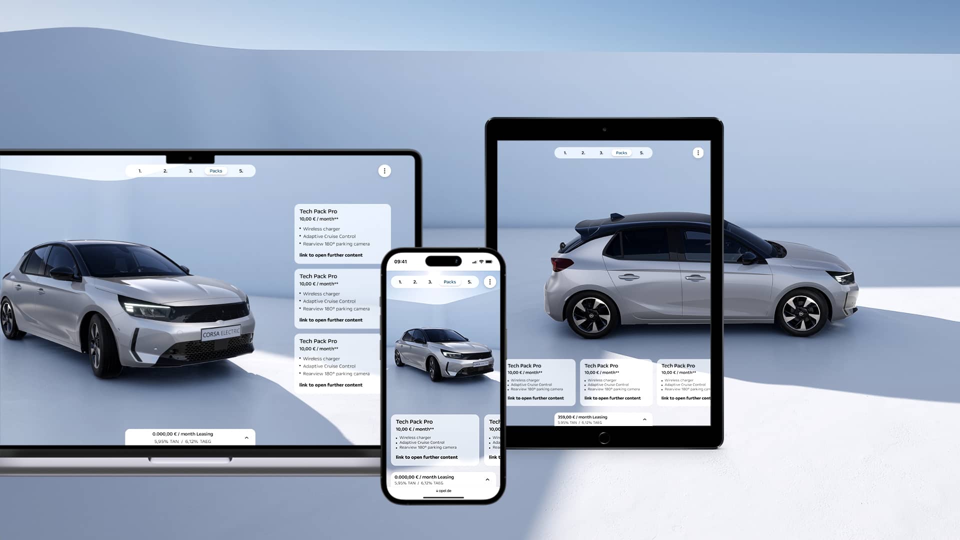 Vista su MacBook, iPhone e iPad dell'interfaccia per l'ordine online di Opel Corsa argentata